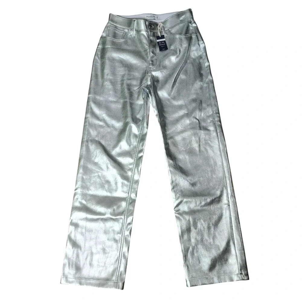 Abercrombie & Fitch Curve Love 90s High Rise Relaxed Faux Leather Silver Pants 6